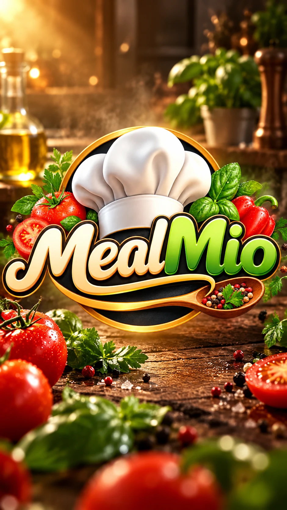 MealMio culinary logo surrounded by fresh vegetables